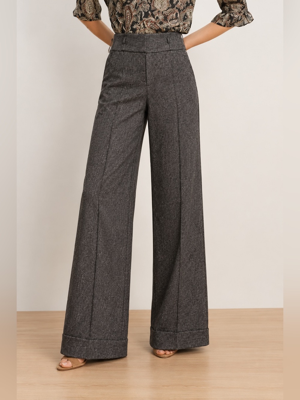 Tape Measure Wide-Leg Gray cuffed high rise Dress trousers